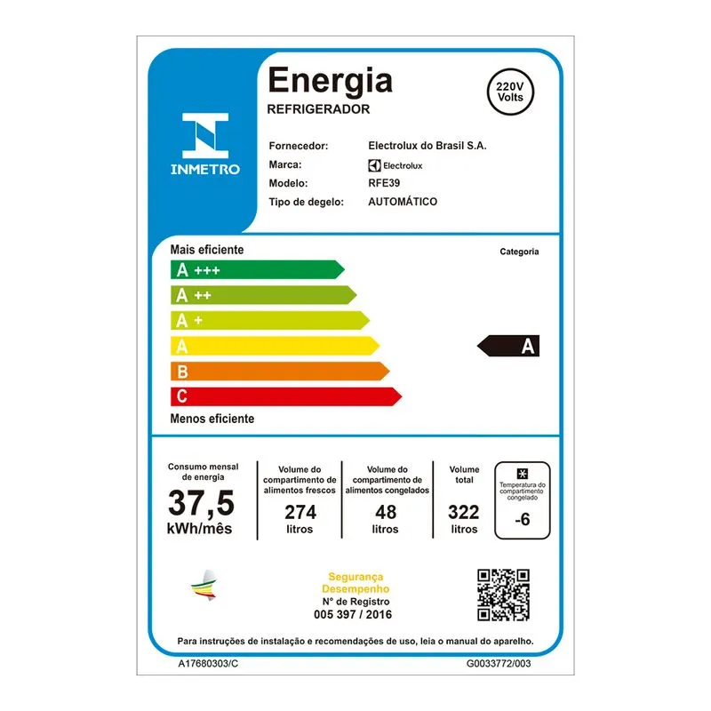 Geladeira Electrolux Frost Free 322L Painel Blue Touch Uma Porta Branca (RFE39)