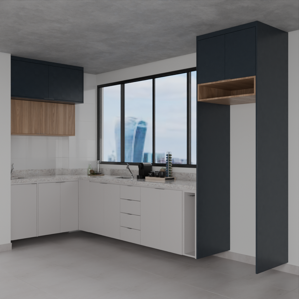 Armário Cozinha Completo Cinza Cobalto, Azul Tx e Louro Freijó (Sudoeste / Bias Fortes – Apt 08 10)