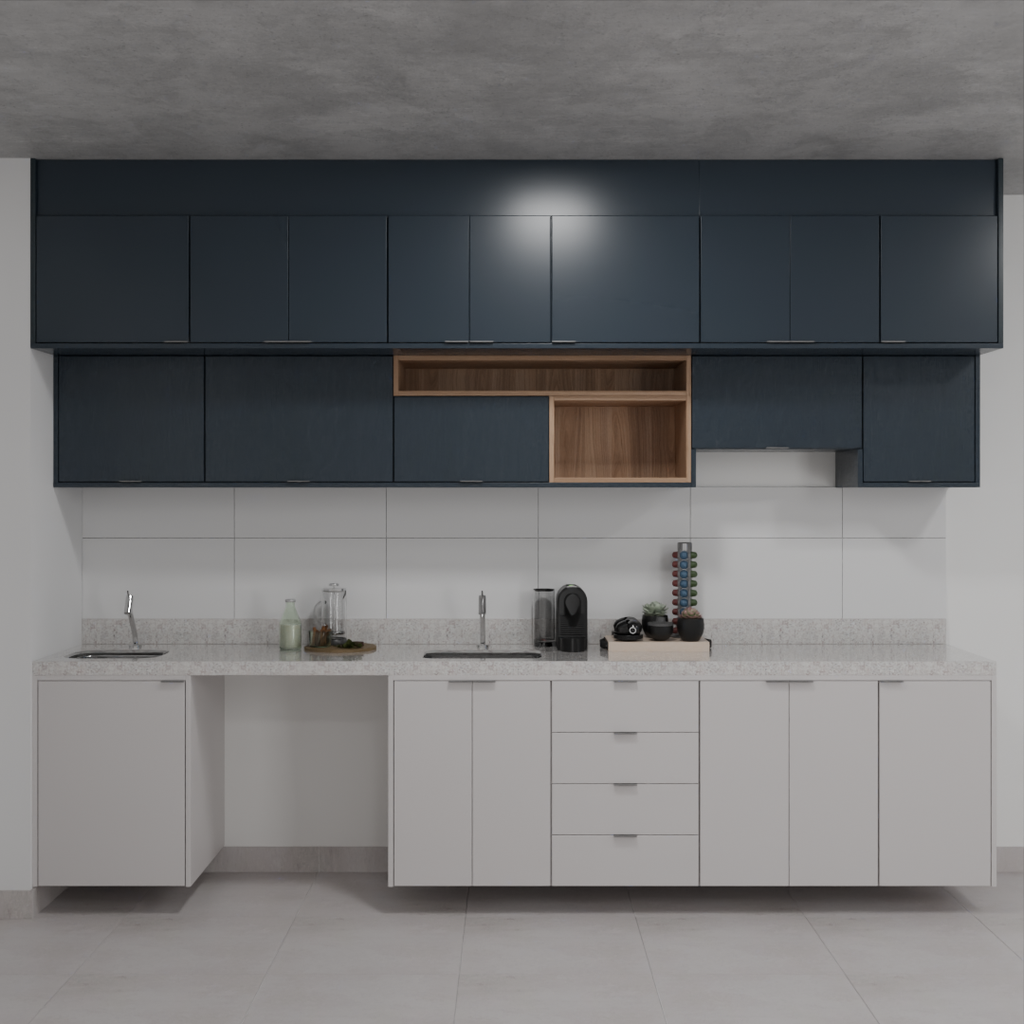 Armário Cozinha Cinza Cobalto, Azul Tx e Louro Freijó (Sudoeste / Bias Fortes – Apt 01 02 05 06)