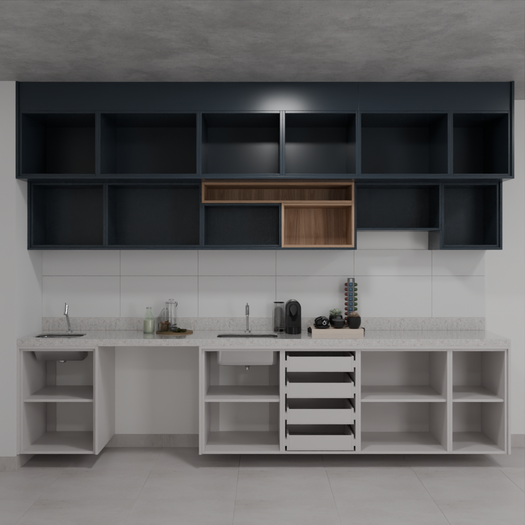 Armário Cozinha Cinza Cobalto, Azul Tx e Louro Freijó (Sudoeste / Bias Fortes – Apt 01 02 05 06)