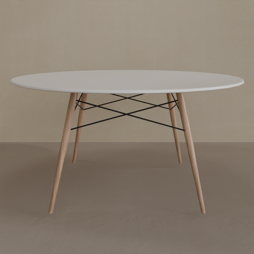 Mesa de Jantar Eiffel Redonda 140cm Tampo Branco Tx Base Amadeirado