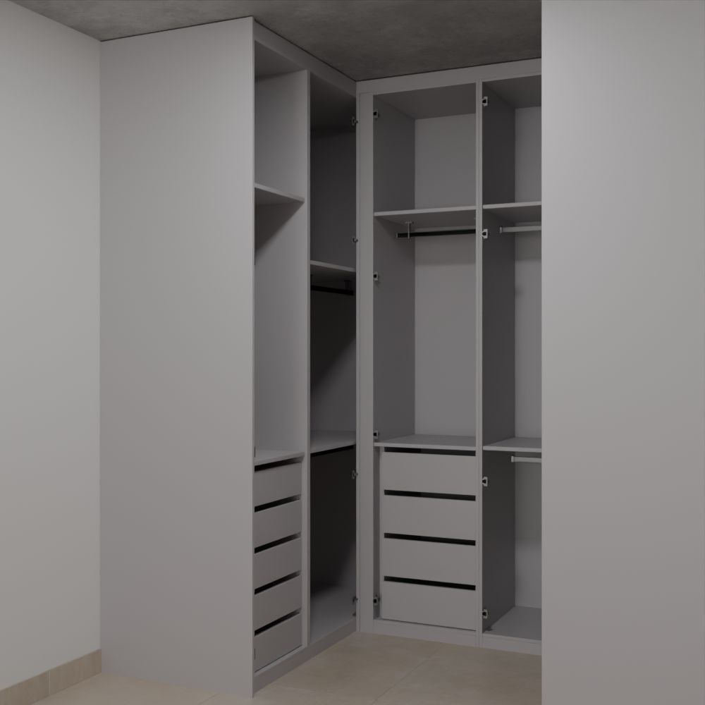 Closet Suíte Master de Giro Beton; Puxador Slim Prata Suíte Master Tipo 1 Tipo 2 Tipo 5