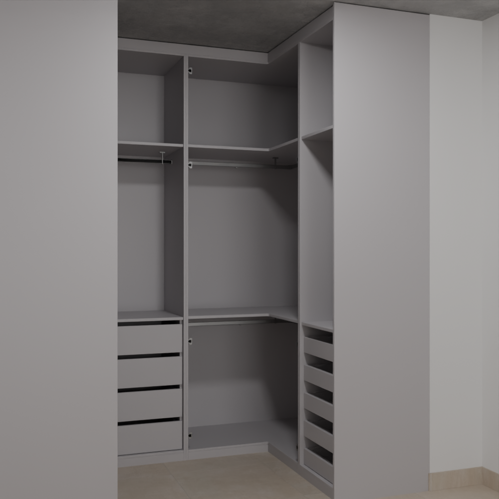 Closet Suíte Master de Giro Beton; Puxador Slim Prata Suíte Master Tipo 1 Tipo 2 Tipo 5