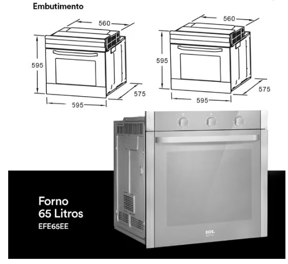 Forno Elétrico de Embutir EOS 65 Litros Porta de Vidro Espelhado (EFE65EE)