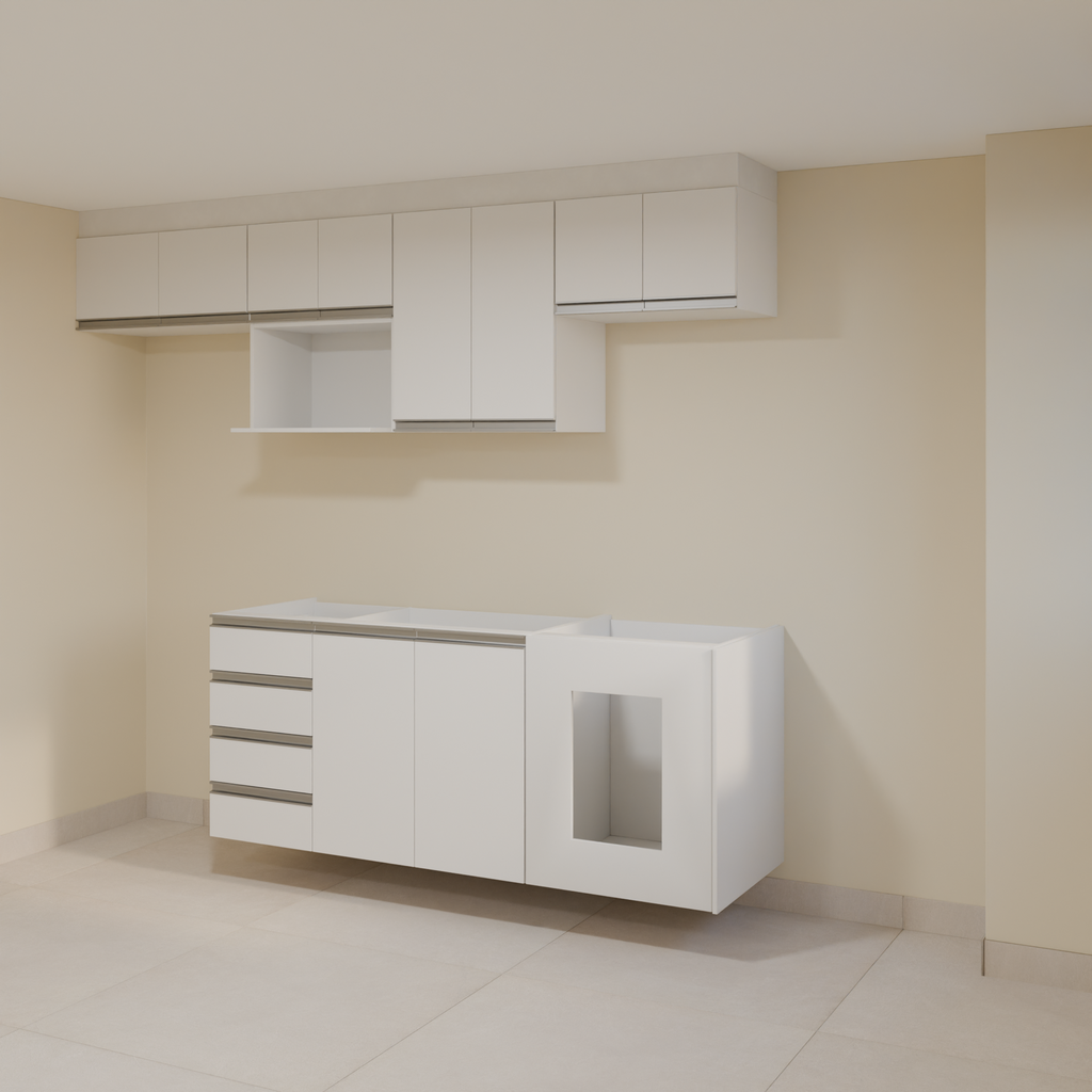 Armário Cozinha 2,60m Branco Tx com puxador cava e Bancada 1,80m