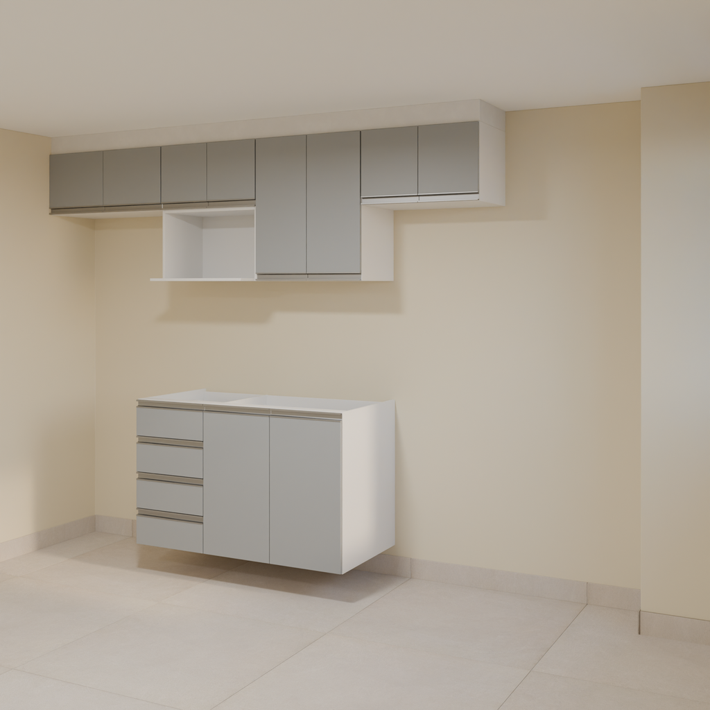 Armário Cozinha 2,60m Branco Tx e Cinza  com puxador slim e Bancada 1,20m