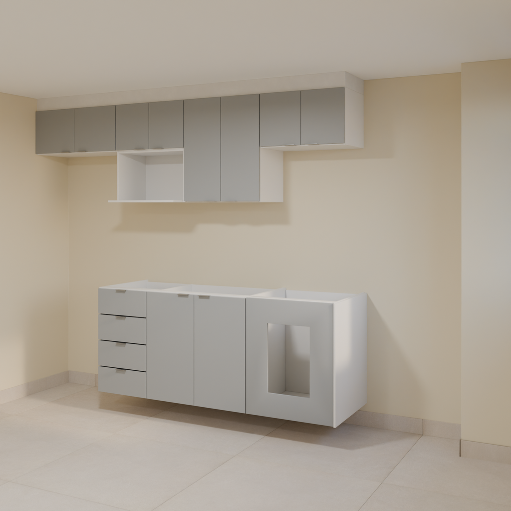 Armário Cozinha 2,60m Branco Tx e Cinza com puxador slim e Bancada 1,80m