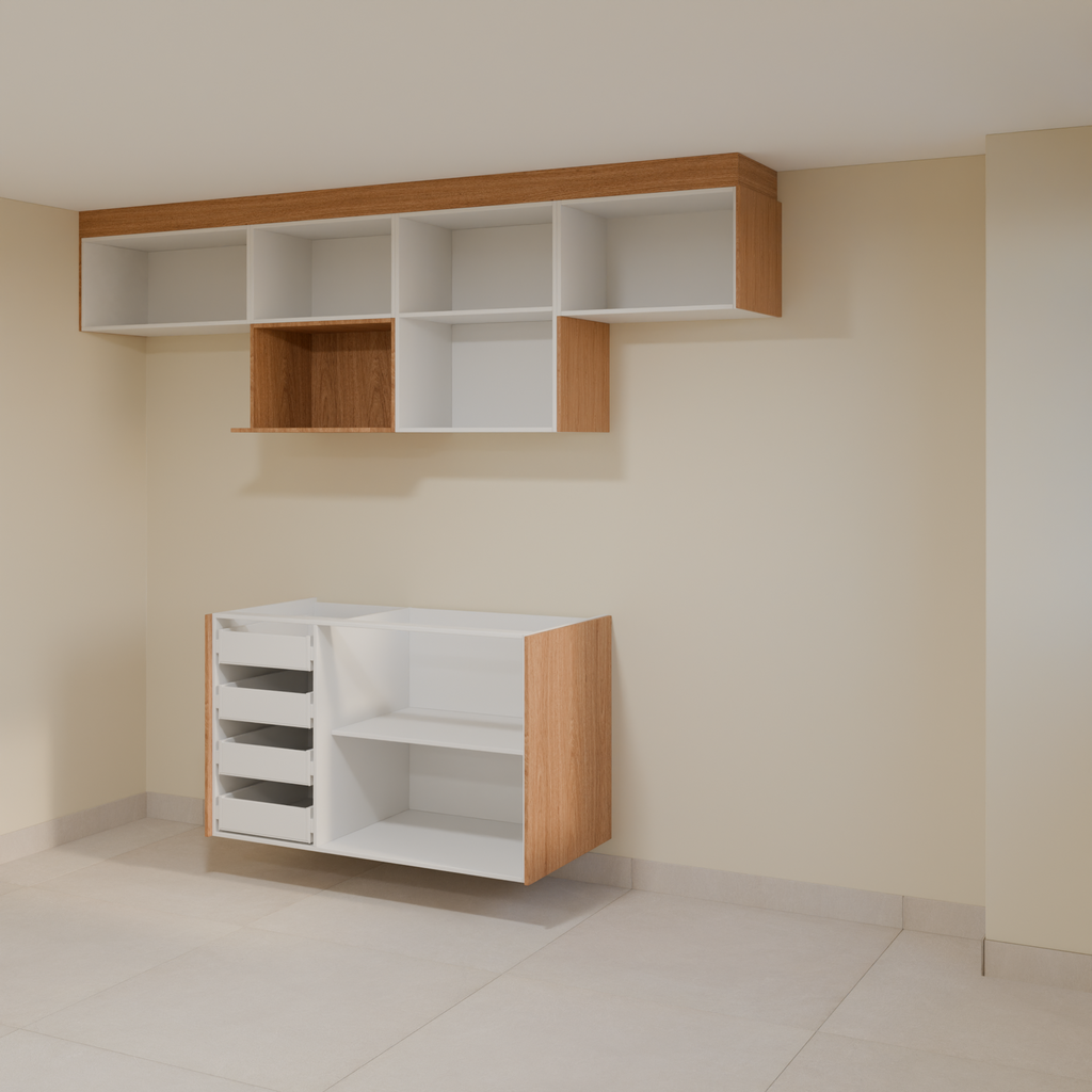 Armário Cozinha 2,60m Branco Tx e Freijó com puxador slim e Bancada 1,20m