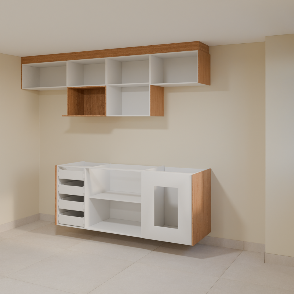 Armário Cozinha 2,60m Branco Tx e Freijó com puxador slim e Bancada 1,80m