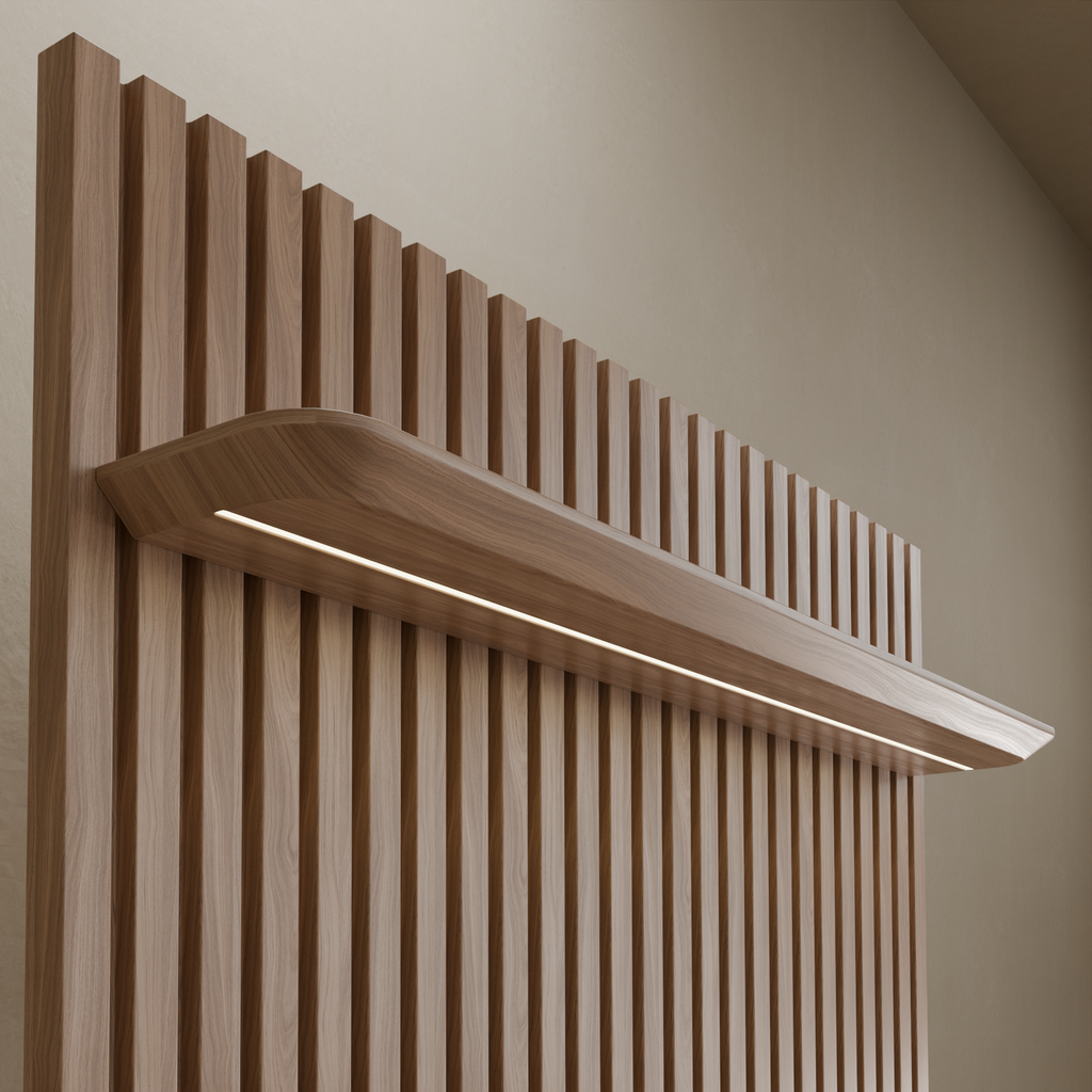 Painel ripado slim 1,40m com prateleira led - Amadeirado