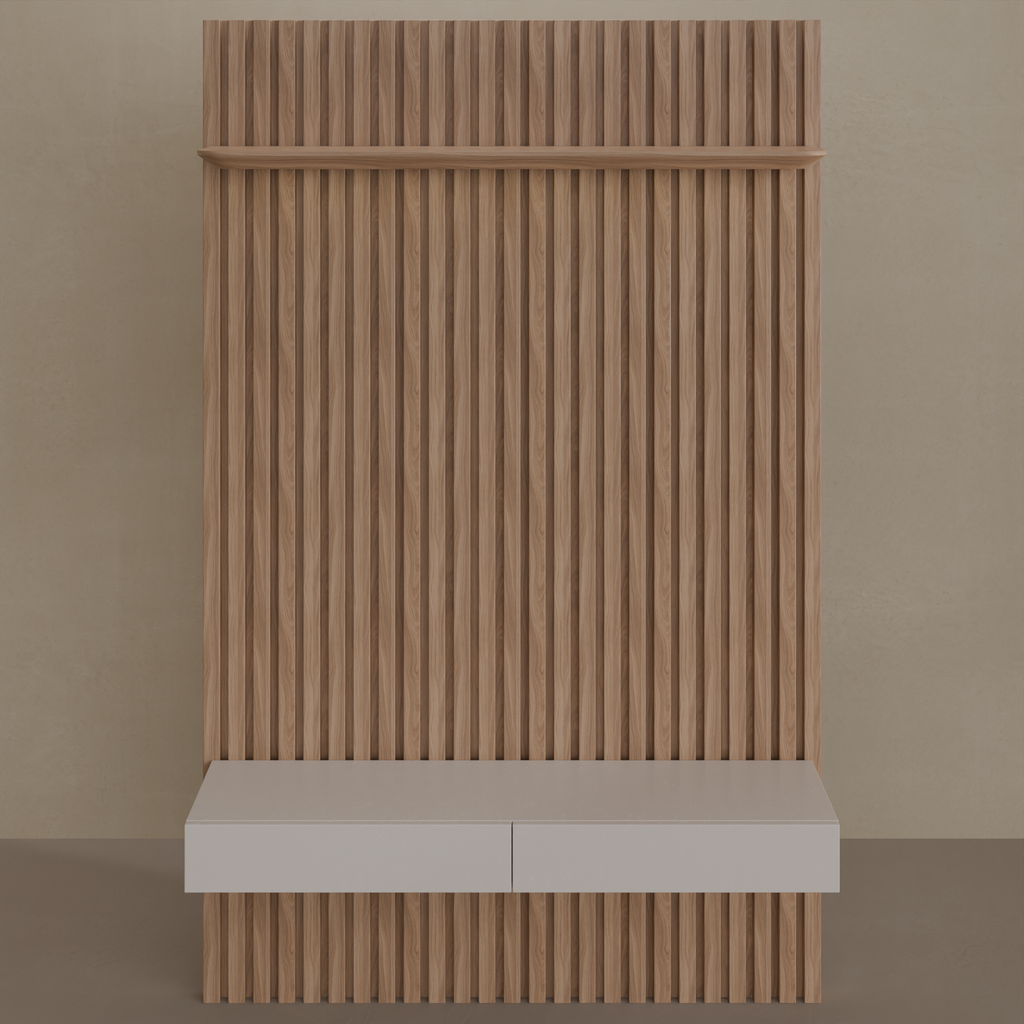 Painel ripado slim 1,40m com prateleira led e rack - Amadeirado