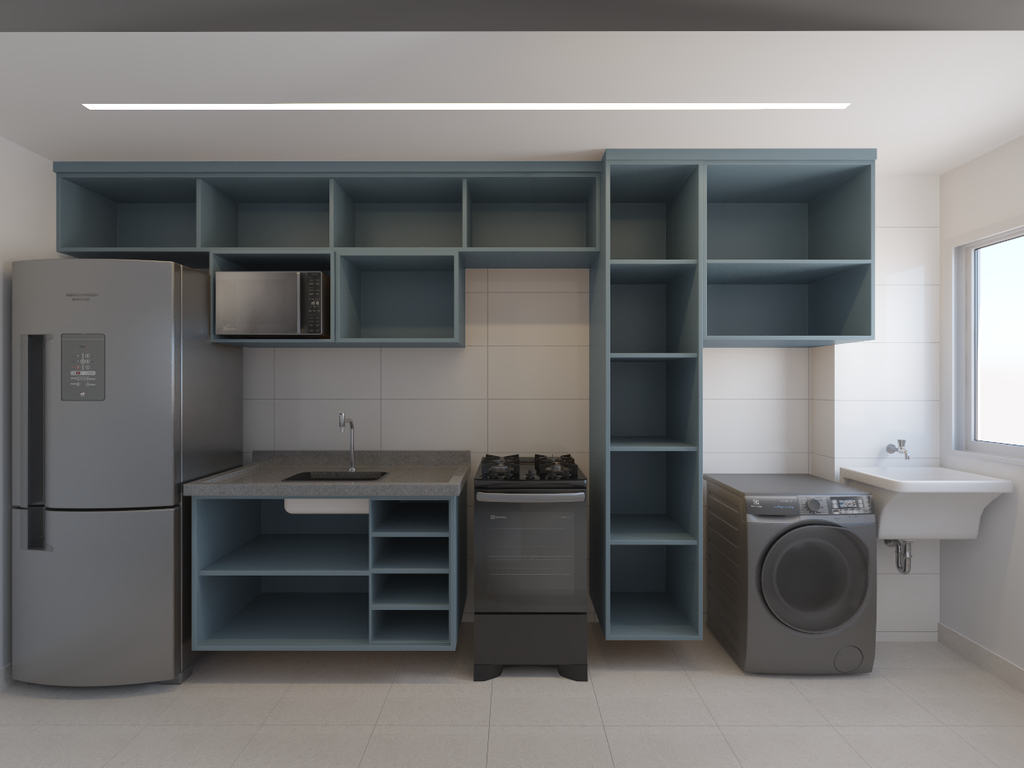 Armário Cozinha 4,5m Palha Sextavada - Cor Azul Astral e Azul Astral