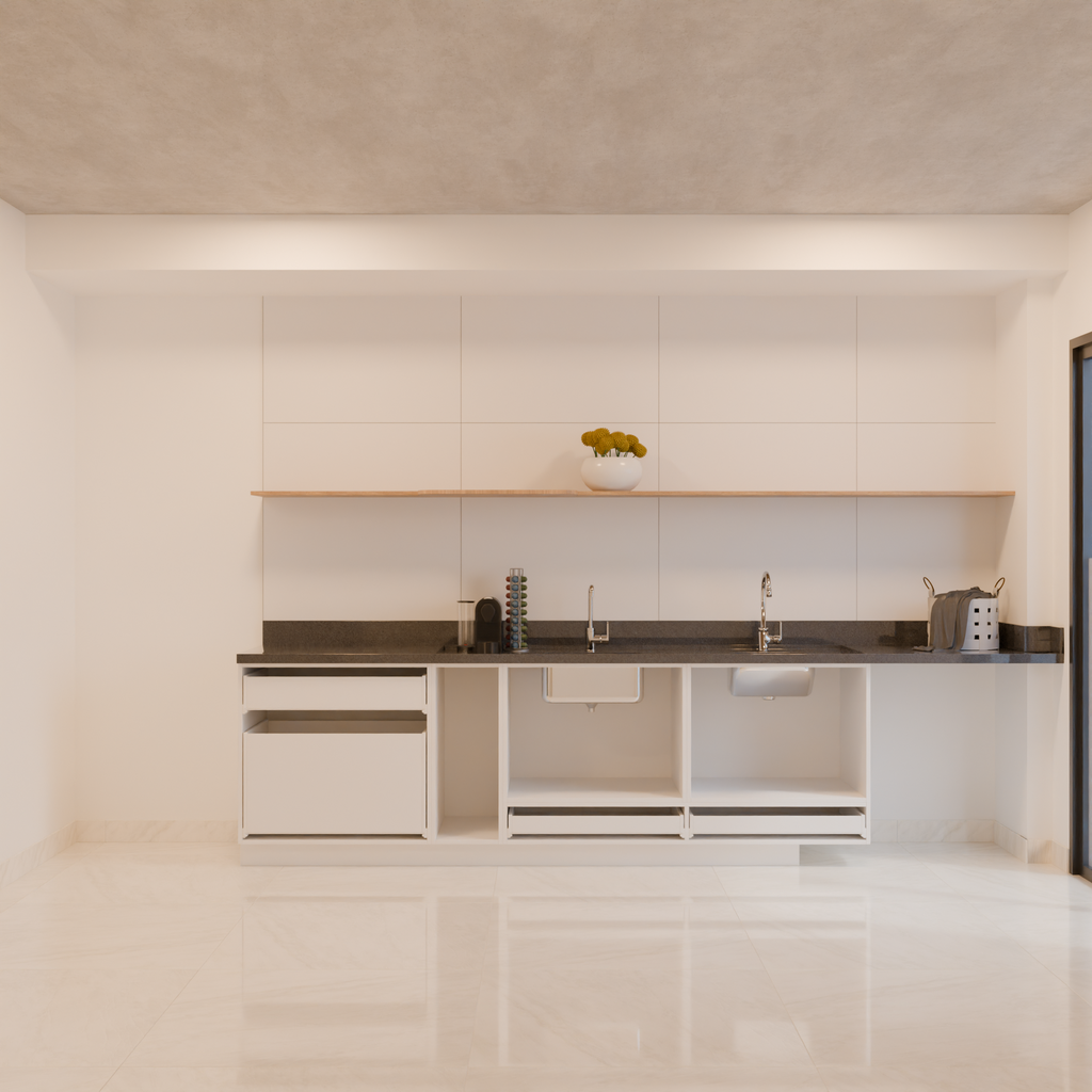 Armário Cozinha Bancada Inferior Branco TX com Prateleira Amadeirado (Sudoeste / Contorno – Apt 05 06 Pav 03 04 05)