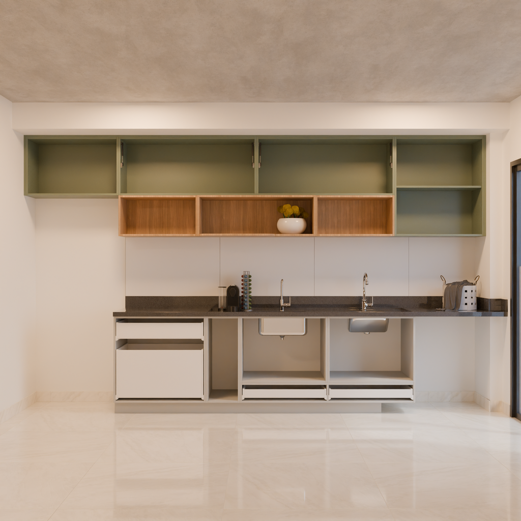 Armário Cozinha Bancada com Vidro Verde, Cinza e Amadeirado (Sudoeste / Contorno – Apt 05 06 Pav 03 04 05)