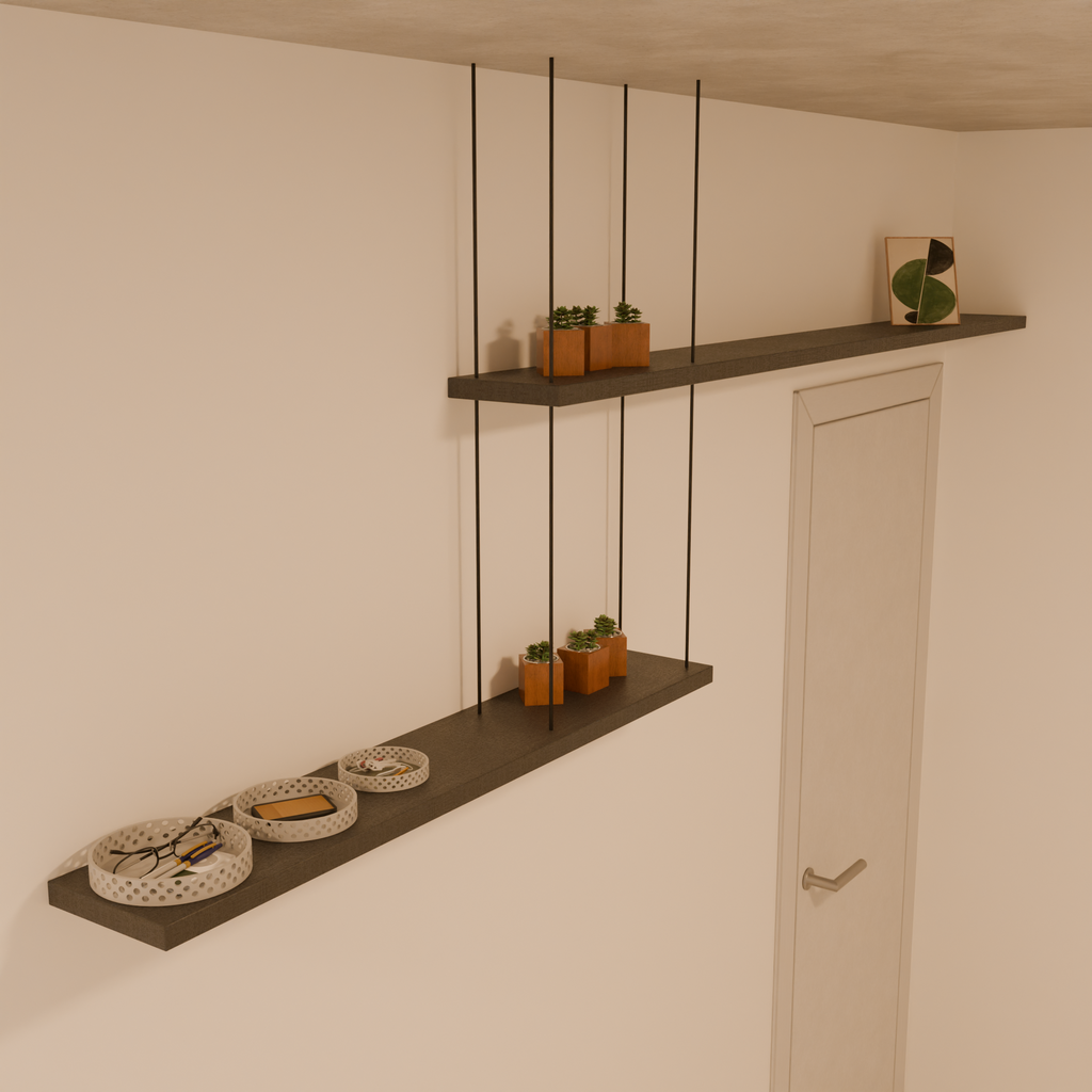 Prateleira Dupla com suporte de Metal 20x120x3 cm + 20x200x3 cm (PxLxE) MDF Carbono