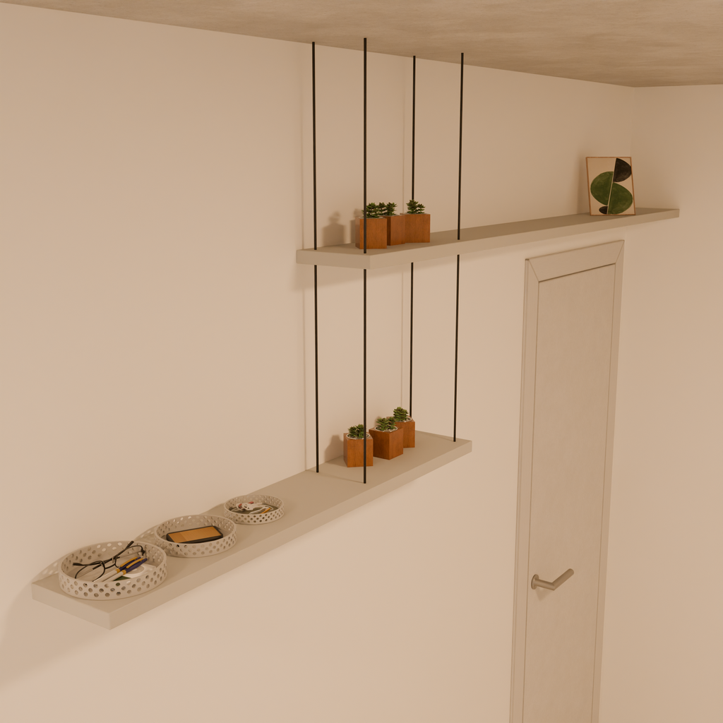 Prateleira Dupla com suporte de Metal 20x120x3 cm + 20x200x3 cm (PxLxE) MDF Cinza Fossil