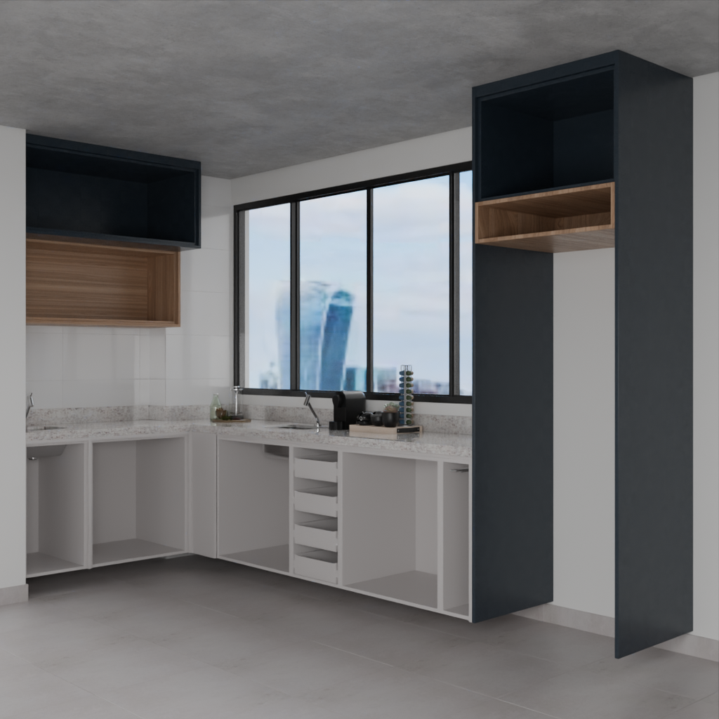 Armário Cozinha Completo Cinza Cobalto com Nicho (Sudoeste / Bias Fortes - Apt 07 11)