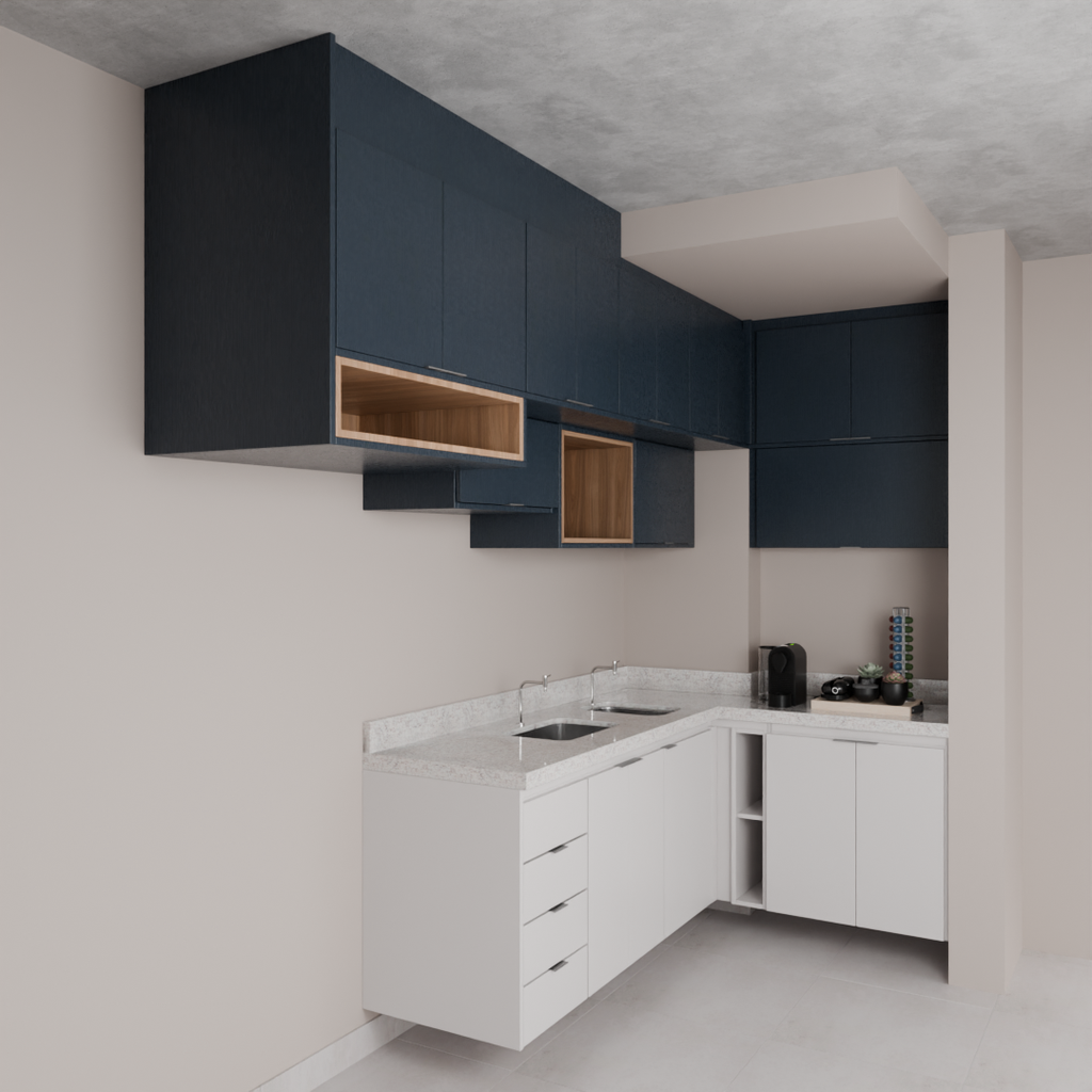 Armário Cozinha Plus Cinza Cobalto, Louro Freijó e Azul Tx (Sudoeste / Bias Fortes - Apt 09)