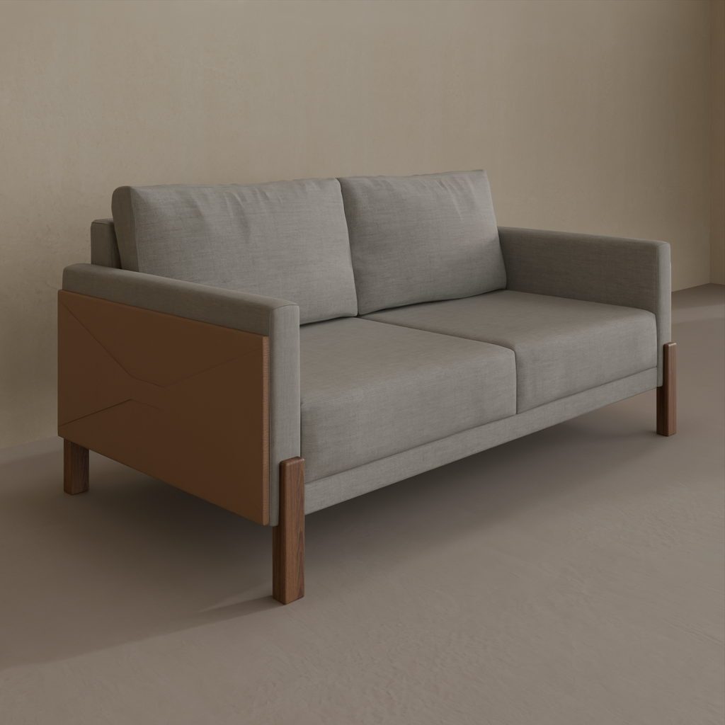 Sofá Plus Arthur 2 Lugares 180cm 2 Braços => Tecido cor 1366 - Pé Imbuia - Braços Tecido 2428 Courinho Caramelo (Sudoeste Showroom)