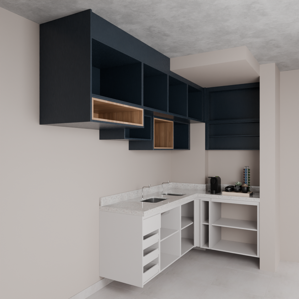 Armário Cozinha Plus Cinza Cobalto, Louro Freijó e Azul Tx (Sudoeste / Bias Fortes - Apt 09)