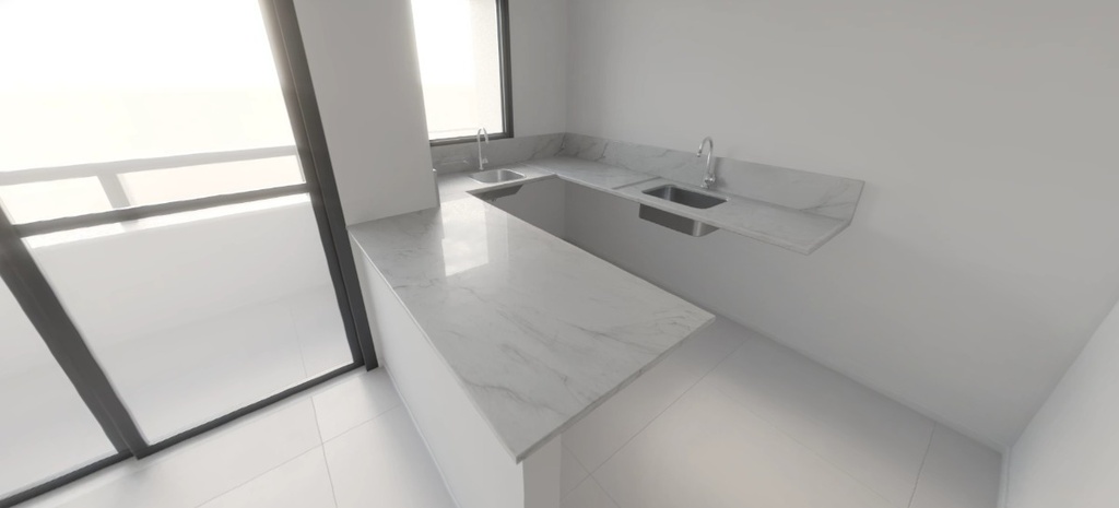 Bancada em Quartzito Mont Blanc, e testeira de 3cm, rodobanca na altura do peitoril da janela, com acabamento em meia esquadria - Tipo II (Cozinha e Área de Serviço) 502
