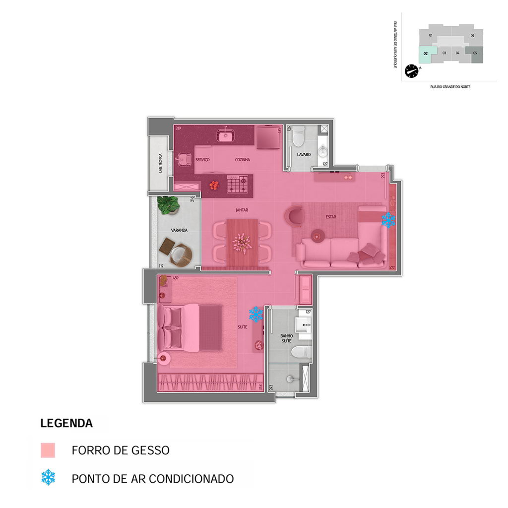 Infraestrutura para instalação de ar condicionado em pontos pré definidos em projeto e forro de gesso - Tipo II (Sala / Cozinha) 502  