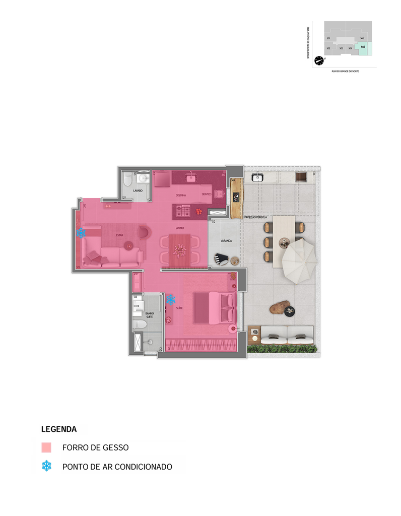 Infraestrutura para instalação de ar condicionado em pontos pré definidos em projeto e forro de gesso - Tipo II (Sala / Cozinha) 505