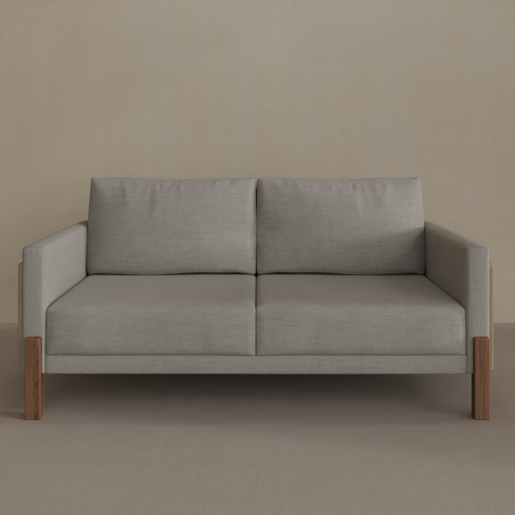 Sofá Arthur 2 Lugares 180cm 2 Braços Pé Imbuia  Tecido Cinza Claro 1366 Lateral Braços Tecido Courinho Caramelo 2428 SF135/80 (Sudoeste)