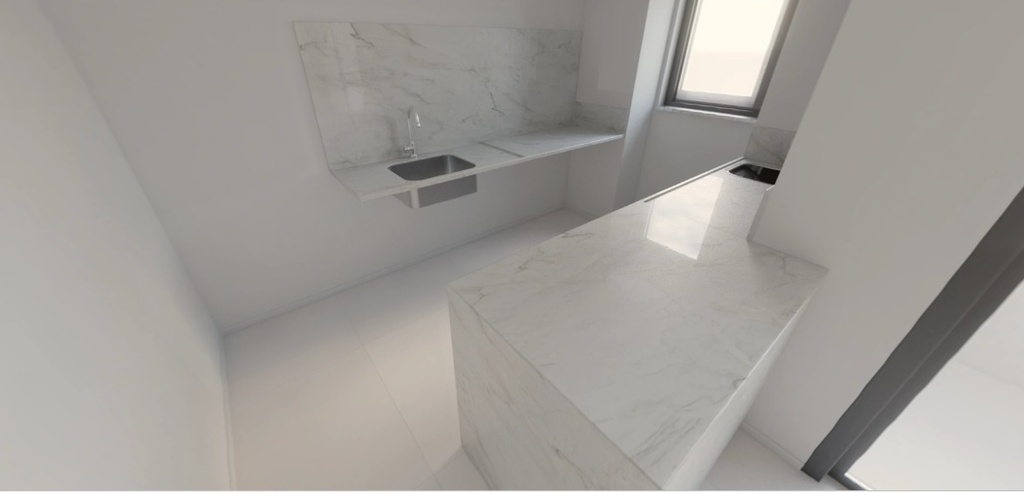 Fechamentos laterais da ilha H=90cm e Frontão H=70cm para bancada da cozinha, Quartzito Mont Blanc, com acabamento em meia esquadria - Tipo I (Cozinha/Área de Serviço) FINAL 06 