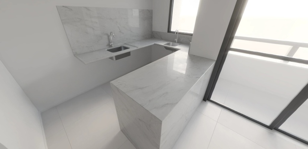 Fechamentos laterais da ilha H=90cm e Frontão H=70cm para bancada da cozinha, Quartzito Mont Blanc, com acabamento em meia esquadria - Tipo II (Cozinha/Área de Serviço) FINAL 05 