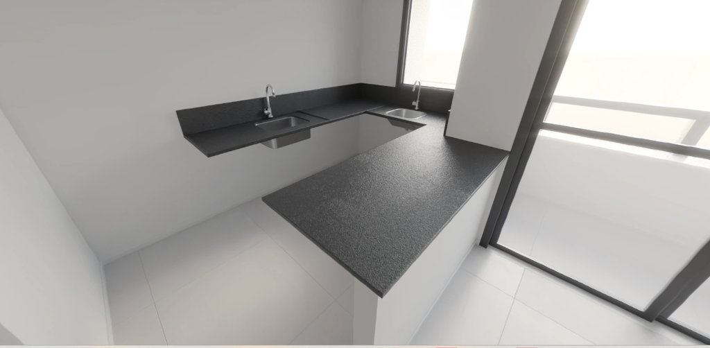 PADRÃO CONSTRUTORA: Bancada em Granito Preto São Gabriel Escovado, e testeira de 3cm, rodobanca na altura do peitoril da janela, com acabamento em meia esquadria  - Tipo II (Cozinha e Área de Serviço) FINAL 05 