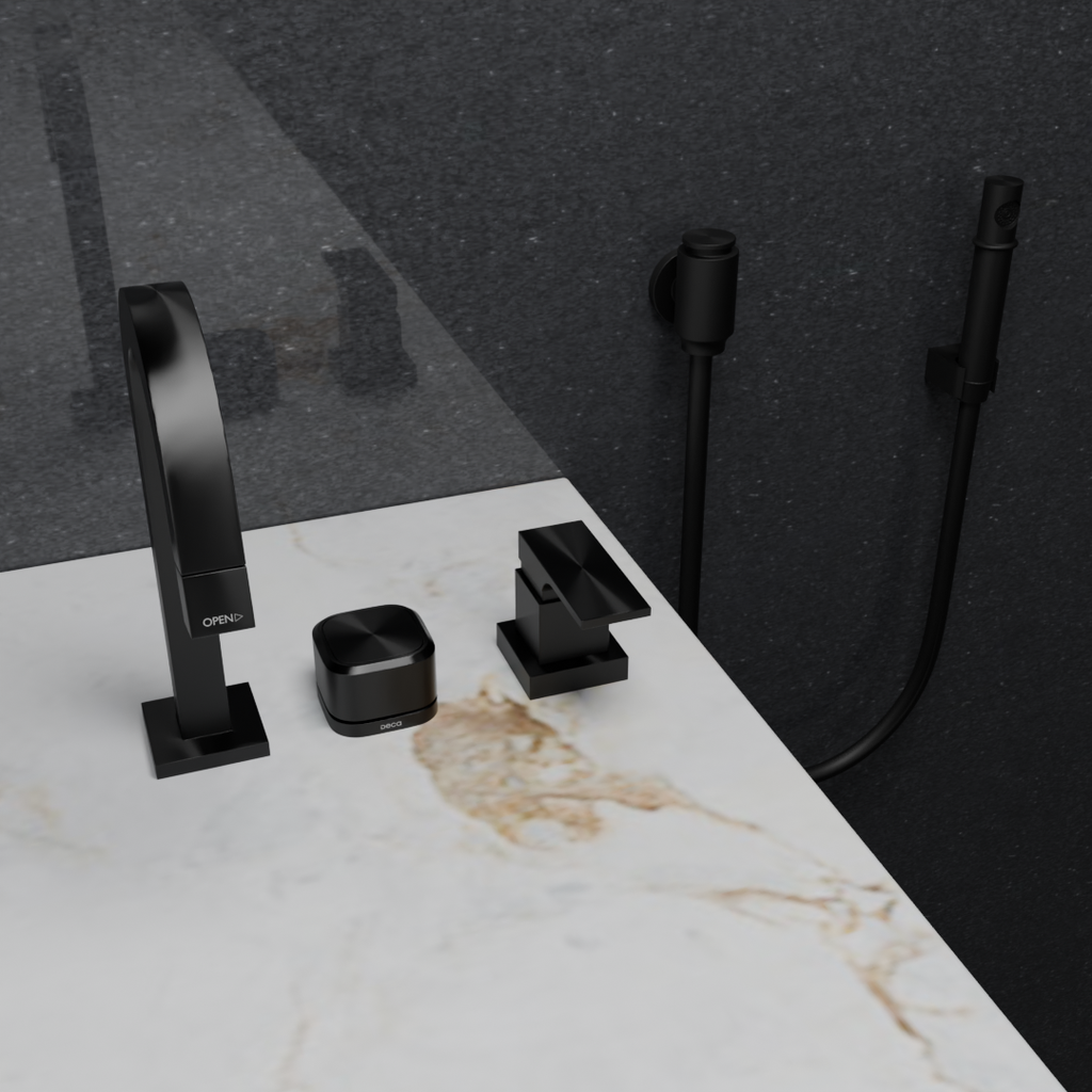 Torneira de mesa bica baixa Deca Tube Black Matte + Acionamento de misturador de mesa quadrado Black Matte Deca