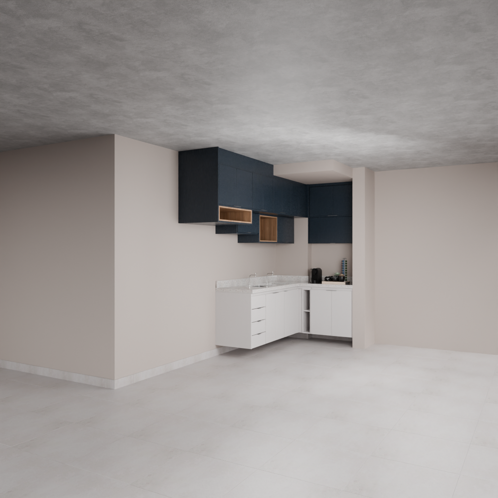 Armário Cozinha Completo sem Nicho para Lava e Seca Cinza Cobalto, Azul Tx e Louro Freijó (Sudoeste / Bias Fortes - Apt 09)