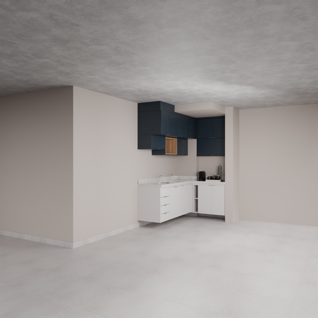 Armário Cozinha Inferior e Superior sem Nicho para Lava e Seca Cinza Cobalto, Azul Tx e Louro Freijó (Sudoeste / Bias Fortes - Apt 09)