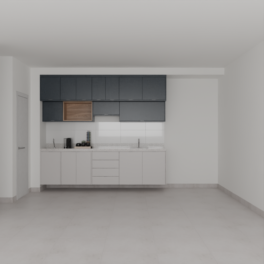 Armário Cozinha Inferior e Superior sem Nicho para Lava e Seca Cinza Cobalto, Azul Tx e Louro Freijó (Sudoeste / Bias Fortes - Apt 07 11)