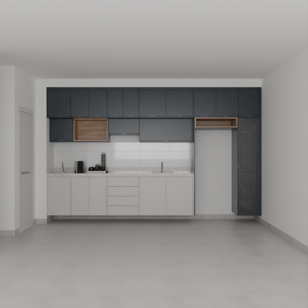 Armário Cozinha Completo sem Nicho para Lava e Seca Cinza Cobalto, Azul Tx e Louro Freijó (Sudoeste / Bias Fortes - Apt 07 11)