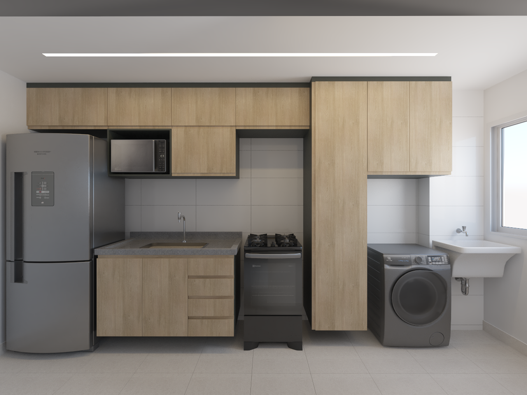 Armário Cozinha 4,5m Liso - Cor Onix e Carvalho
