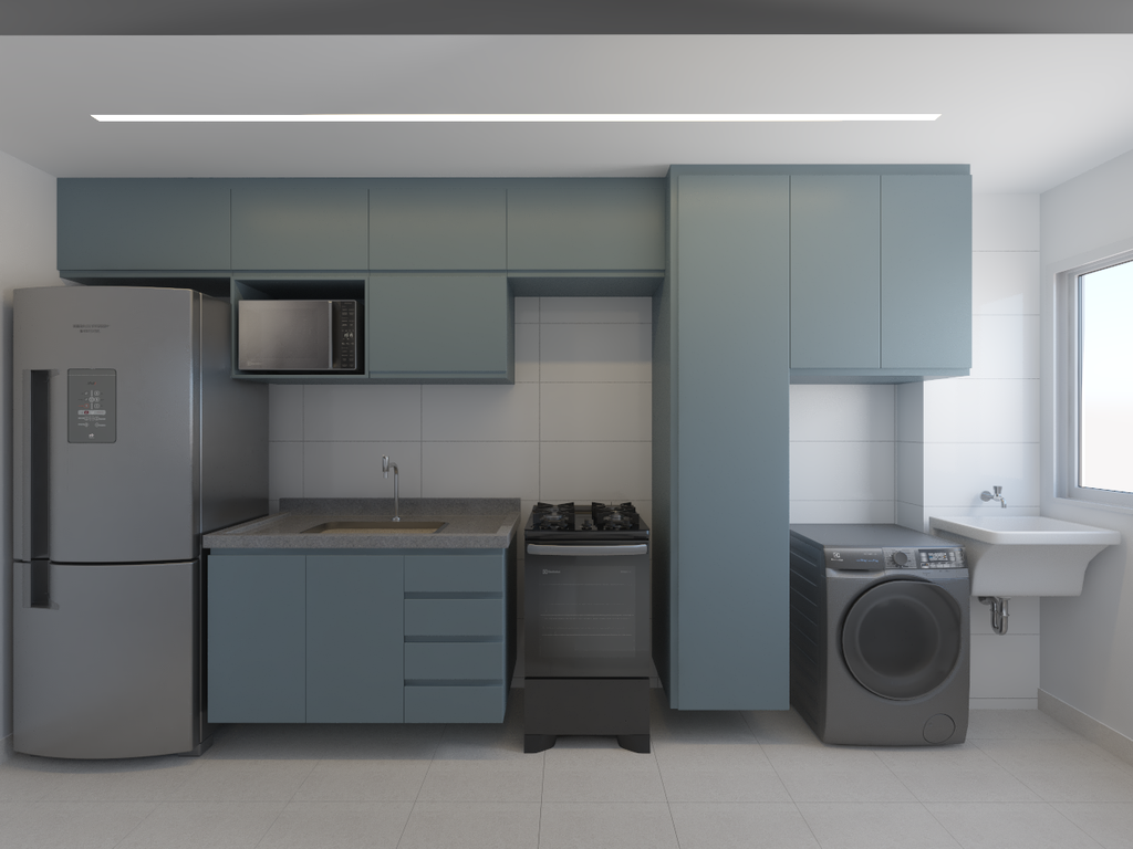 Armário Cozinha 4,5m Liso - Cor Azul Astral e Azul Astral