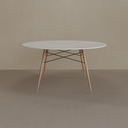 Mesa de Jantar Eiffel Redonda 140cm Tampo Branco e Base Amadeirado