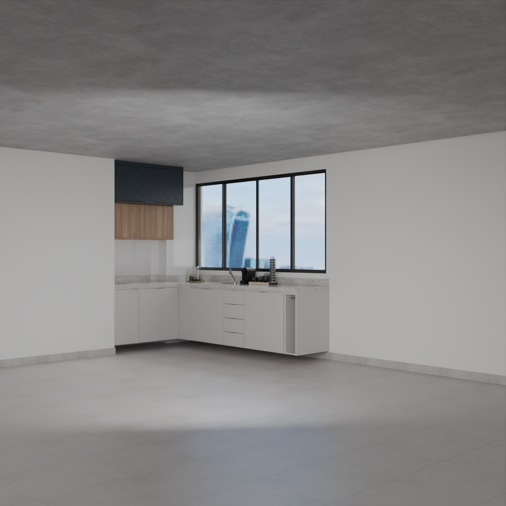 Armário Cozinha Inferior e Superior sem Nicho para Lava e Seca Cinza Cobalto, Azul Tx e Louro Freijó (Sudoeste / Bias Fortes – Apt 08 10)