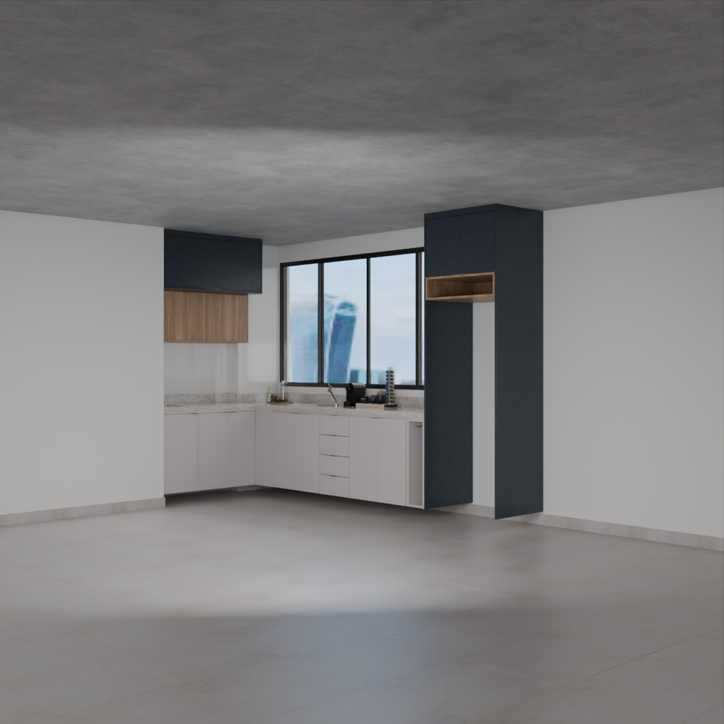 Armário Cozinha Completo sem Nicho para Lava e Seca Cinza Cobalto, Azul Tx e Louro Freijó (Sudoeste / Bias Fortes – Apt 08 10)