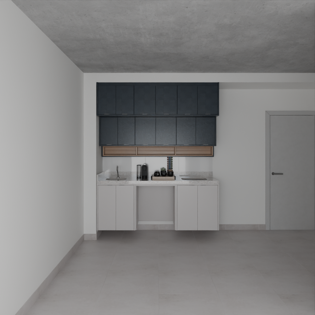Armário Cozinha Cinza Cobalto, Azul Tx e Louro Freijó (Sudoeste / Bias Fortes – Apt 03 04)