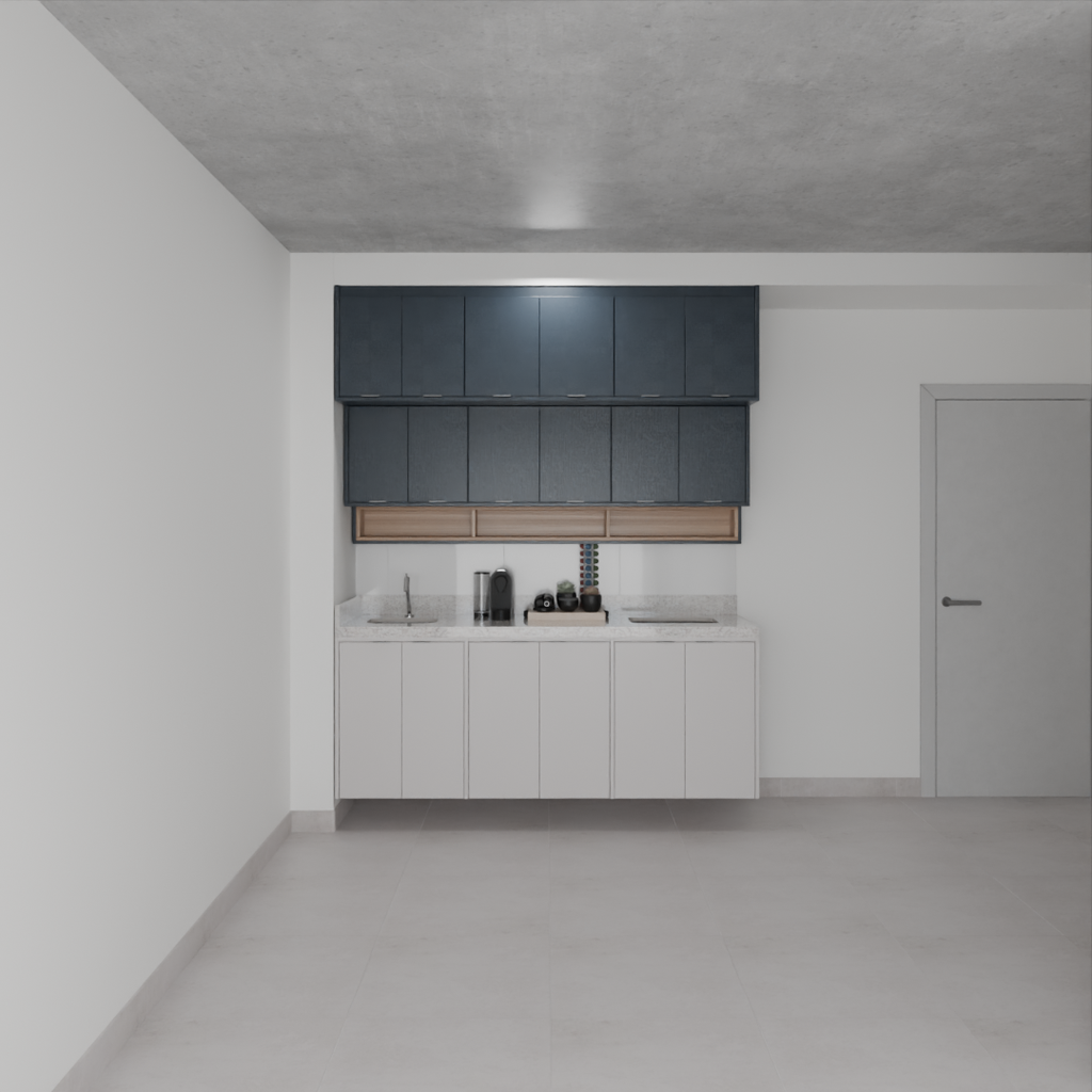 Armário Cozinha Inferior e Superior sem Nicho para Lava e Seca Cinza Cobalto, Azul Tx e Louro Freijó (Sudoeste / Bias Fortes – Apt 03 04)