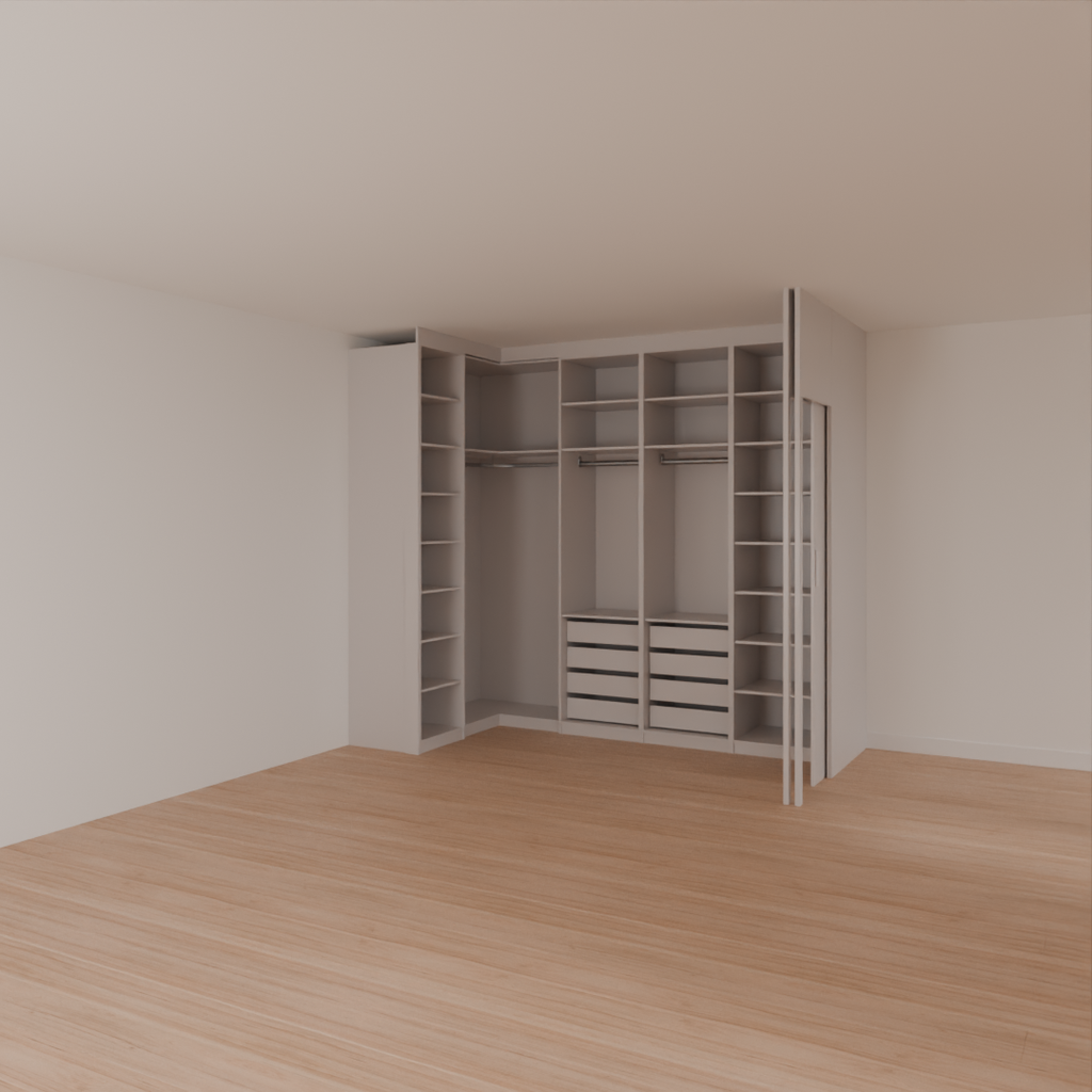 Armário Closet Casal com Gavetas, Parede e Porta Cinza Cobalto (Sudoeste / Bias Fortes - Apt 03 04)