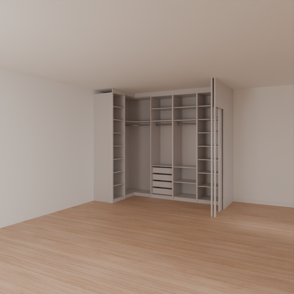 Armário Closet com Gavetas, Parede e Porta Quarto Casal Cinza Cobalto  (Sudoeste / Bias Fortes - Apt 03 04)