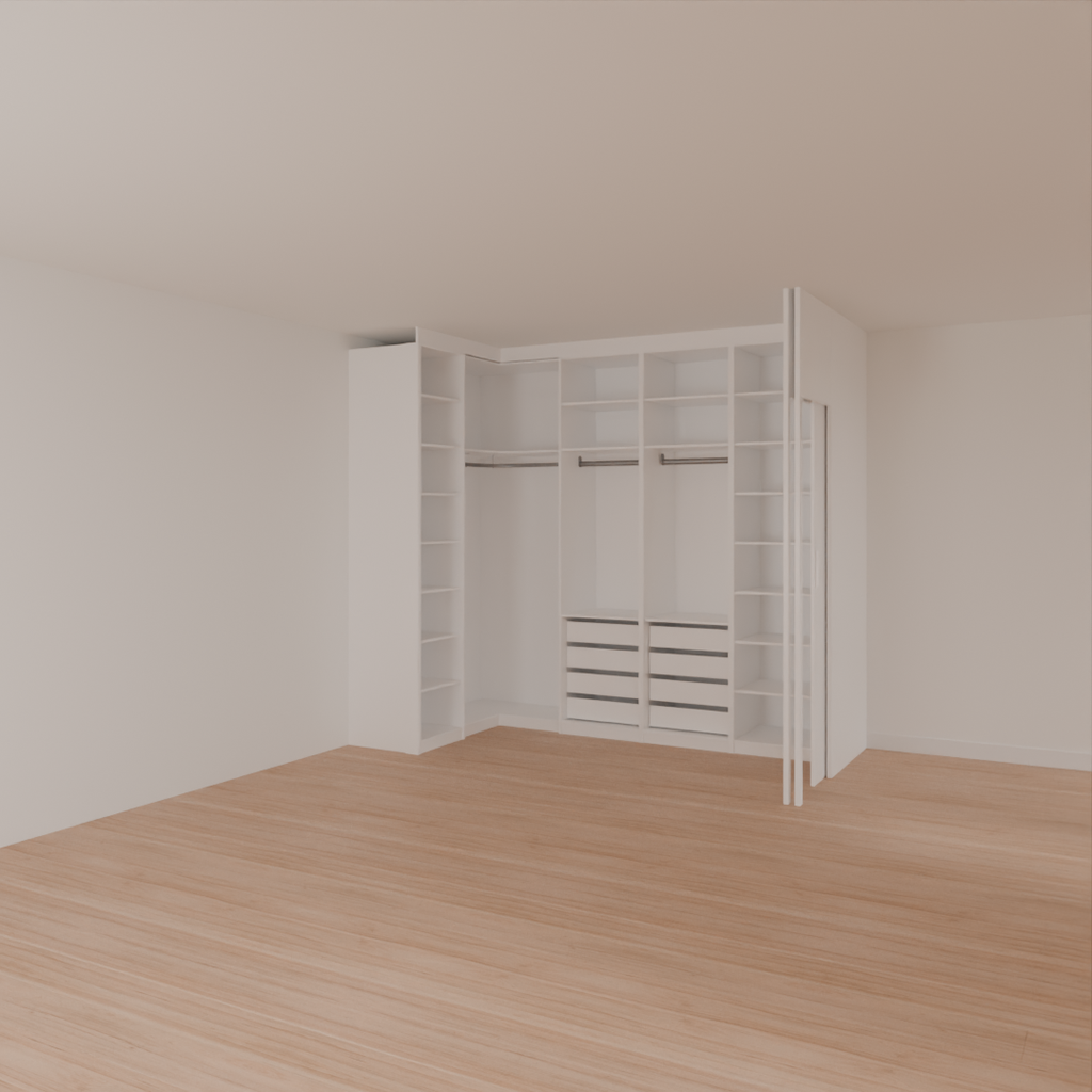 Armário Closet Casal com Gavetas, Parede e Porta Branco Tx (Sudoeste / Bias Fortes - Apt 03 04)