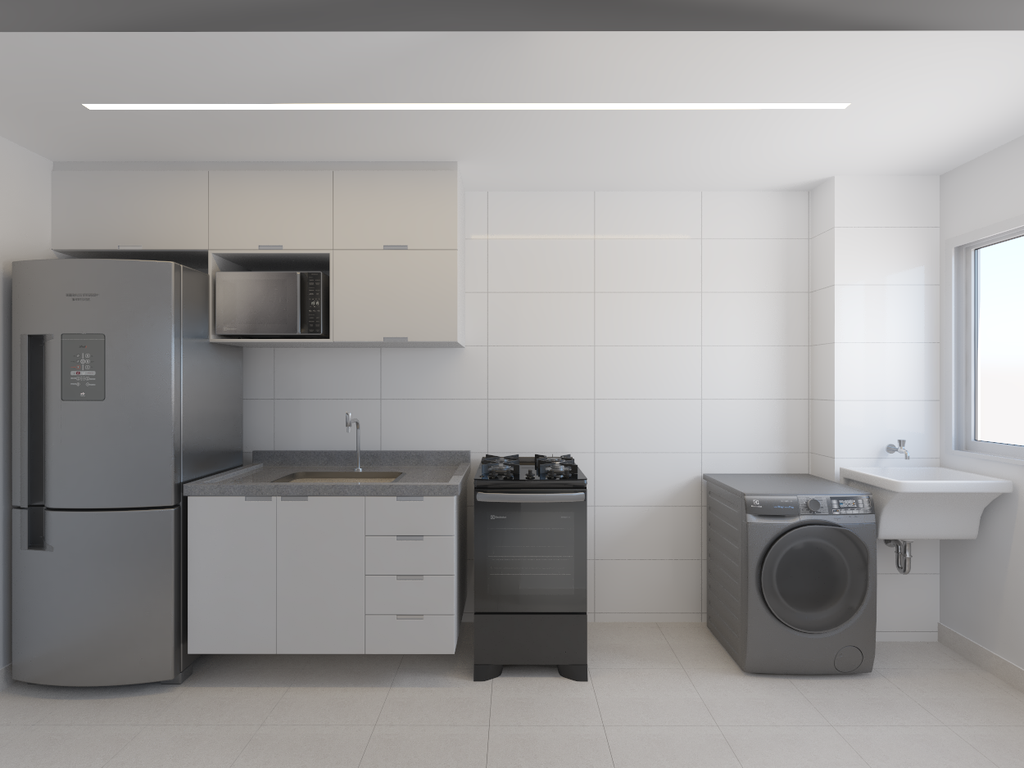Armário Cozinha Bancada 2m Slim - Cor Branco TX e Branco TX