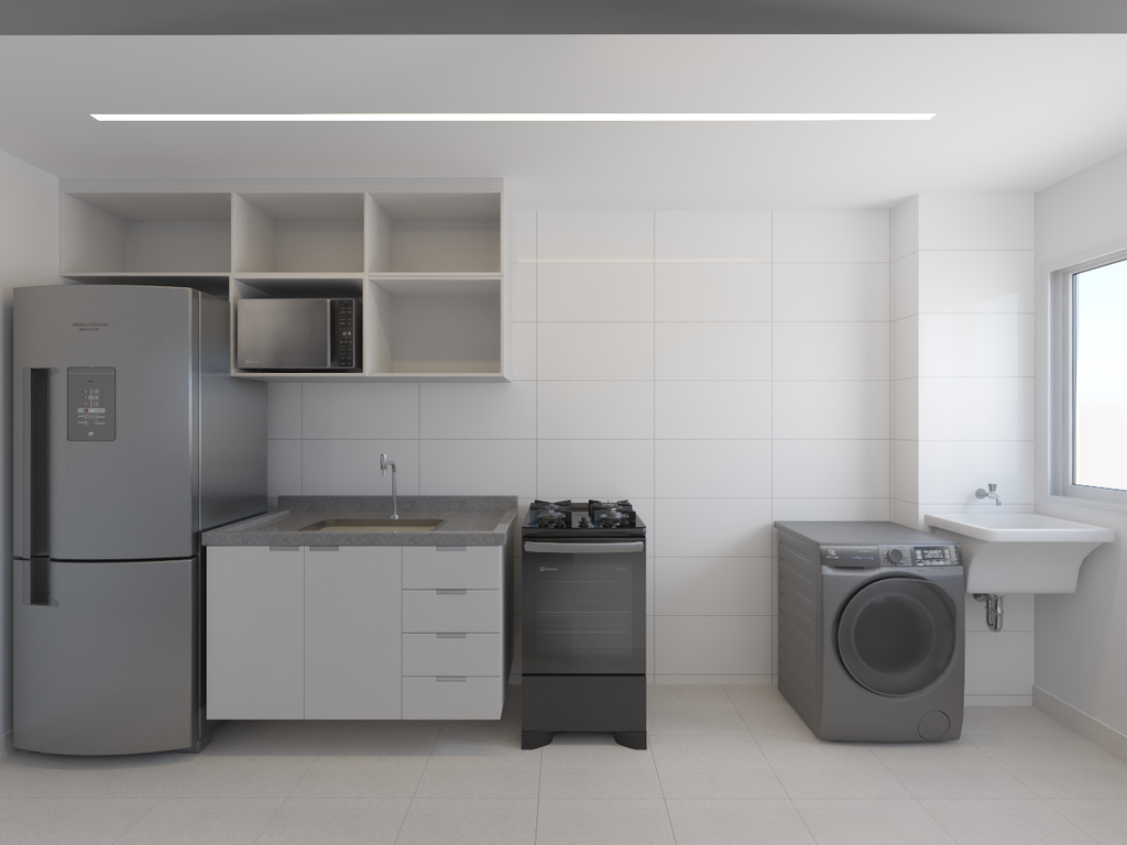 Armário Cozinha Bancada e Nicho 2m Slim - Cor Branco TX e Branco TX