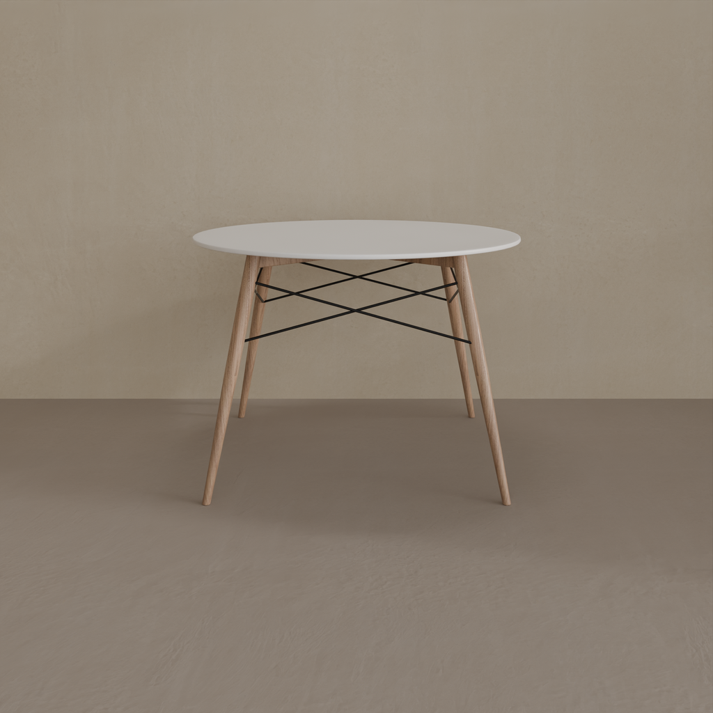 Mesa de Jantar Eiffel Redonda 100cm Tampo Branco e Base Amadeirado