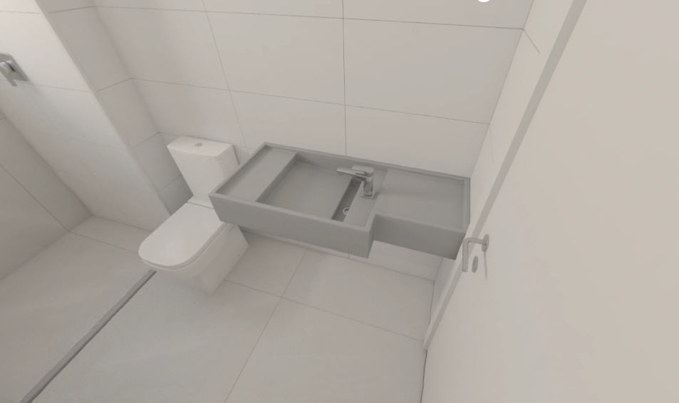 Bancada com Cuba Esculpida  em Quartzo Cinza Kensho sem  tampa, com válvula aparente + Filete no box somente no piso em Quartzo Cinza Kensho - Tipo I (Banho Suíte 2) 